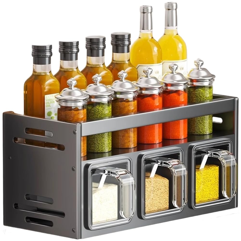 Lecreatekit Gewürzregal aus Aluminium, zur Wandmontage, kein Bohren, Küchen-Organizer mit verstellbaren Fächern, rostfreies Aufbewahrungsregal, Gunmetal