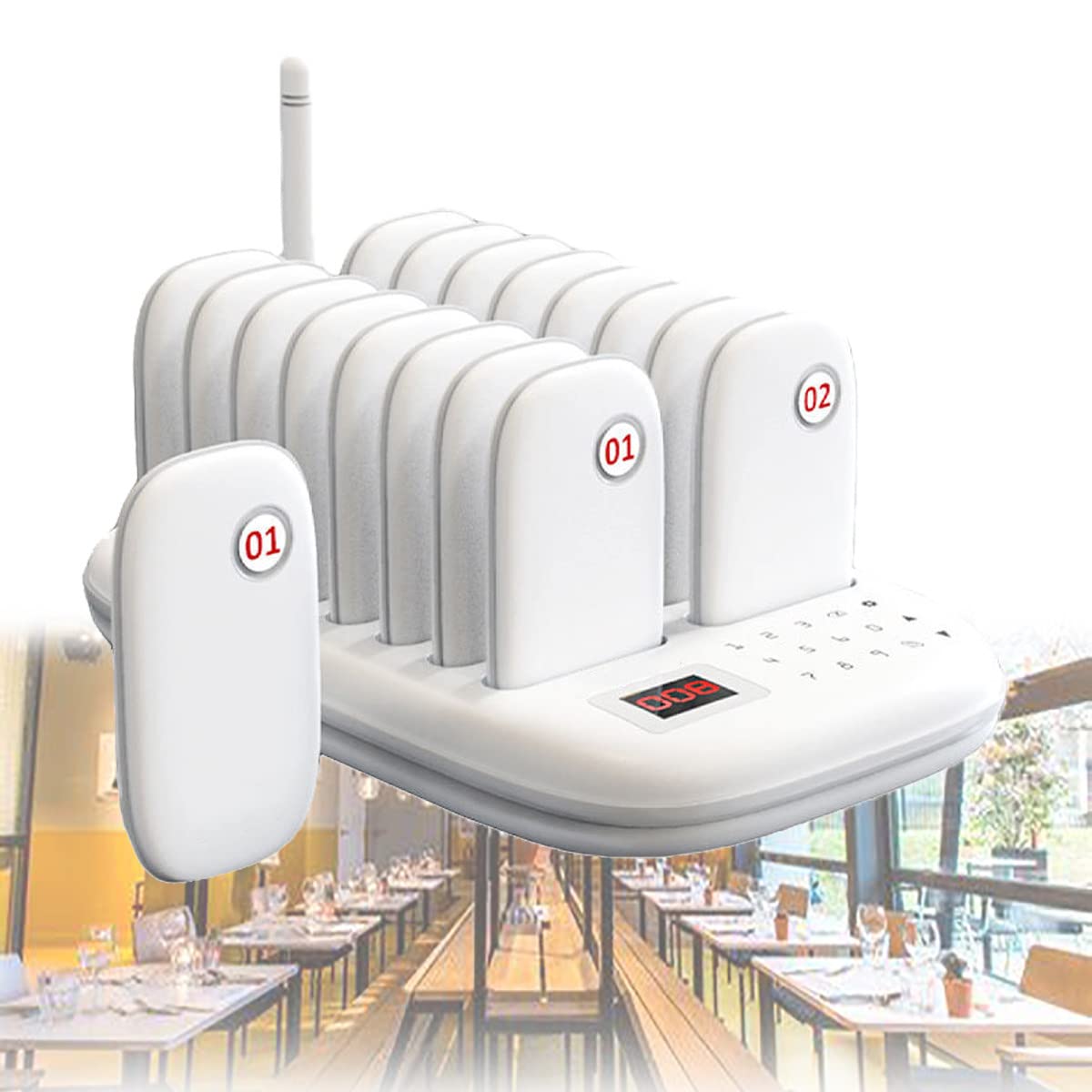 Buscapersonas InaláMbrico Para Restaurantes, 1 Transmisor + 16 Buscapersonas, 2 Modos De Aviso (Pitido Y Flash), Panel TáCtil Resistente Al Agua Para Restaurante,Hotel,CafeteríA,Patio De Comidas