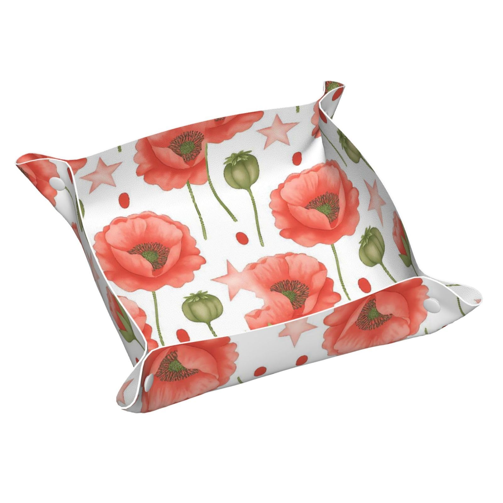 HLBSDM Watercolor Red Poppy and Star Tray Men's Leather Valet Parking Portable Entrance Trays Bedside Storage Box