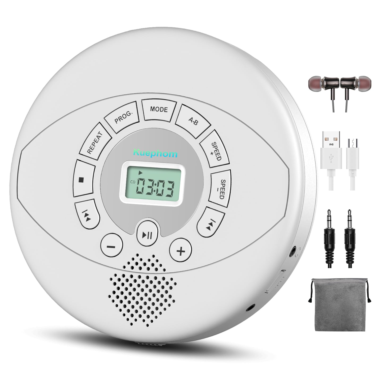 Portable CD Player, KUEPHOM Walkman CD Player with Headphones, Discman with Speaker,Anti-Skip CD Player for Car, Rechargeable 1500mAh, CD,USB disc playable with Memory, AUX in for audiobook, White