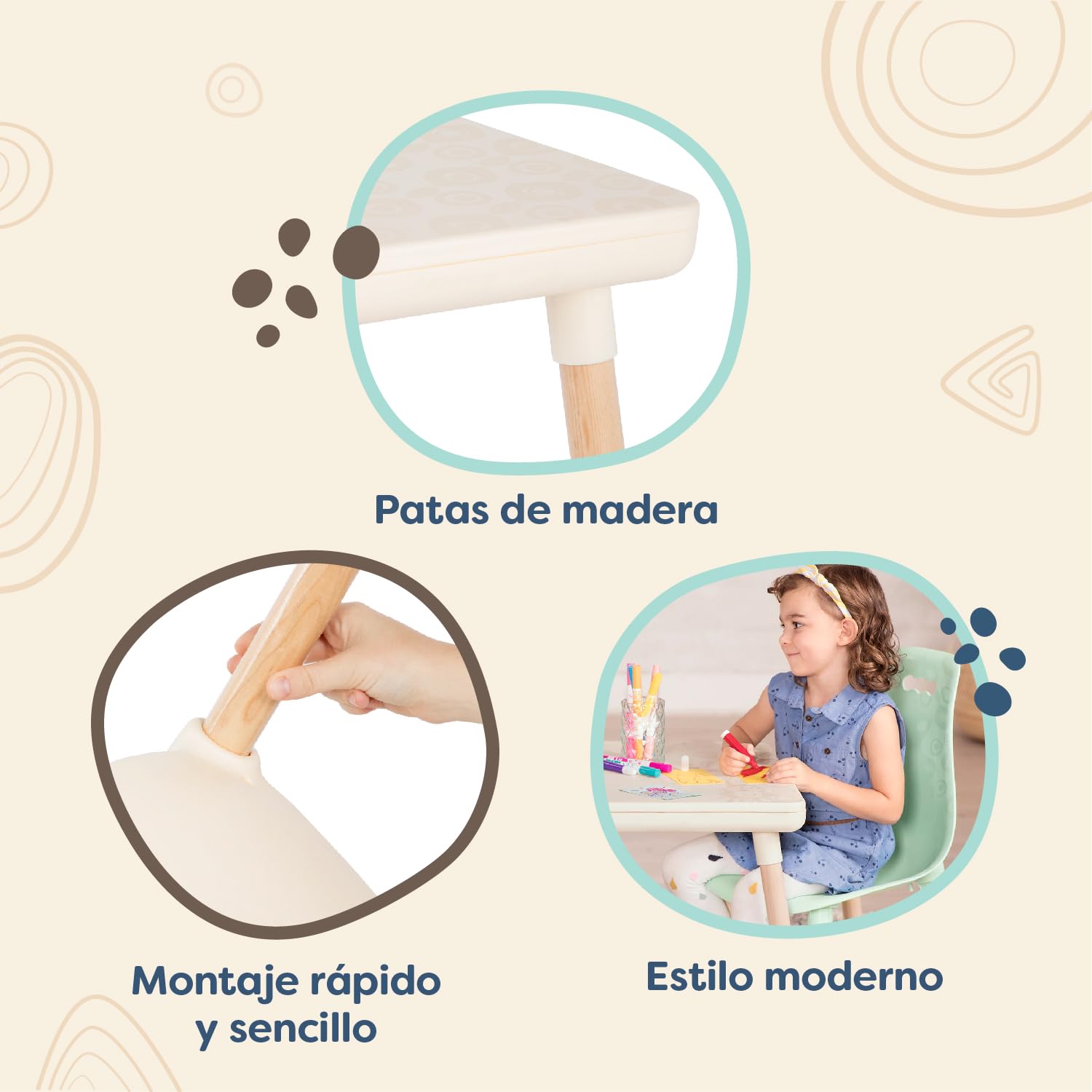 B. toys - Kid Century Modern: Juego de Mesa y Silla - Menta - Juego de mesa y silla para niños - Patas de madera - Muebles para niños - 3 años + | 1 mesa y 2 tumbonas para enfants, pieds en bois naturel, couleur menthe, montaje sin outils, lote de 15, 3 a
