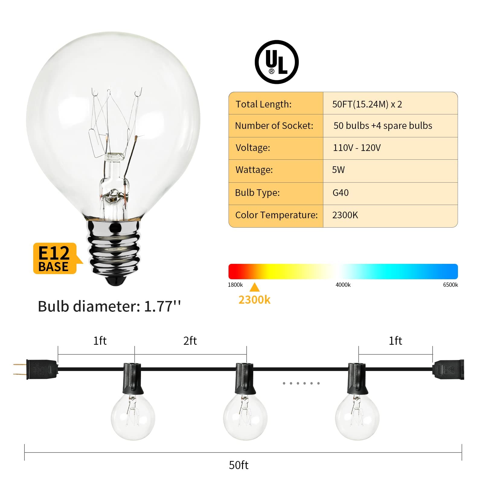 AVANLO Outdoor String Lights 100FT 2-Pack, Dimmable G40 Globe Patio Lights with 54 Edison Bulbs Waterproof Hanging Outdoor Lights for Patio Backyard Bistro Gazebo Cafe Party Wedding