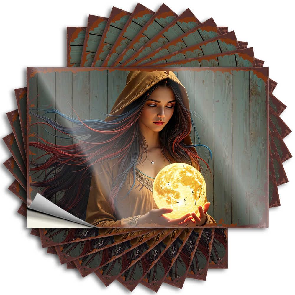 Fzfn Colour Funny Kitchen Decor Bumper - Fire Fall Hat Witch Holding Glowing Moon In Hands(12X18cm)