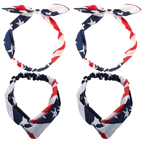 Miniatura 5 de PRETYZOOM 4 diademas patrióticas trenzadas con lazo cruzado con la bandera estadounidense, diademas anudadas elásticas para la cabeza, orejas de