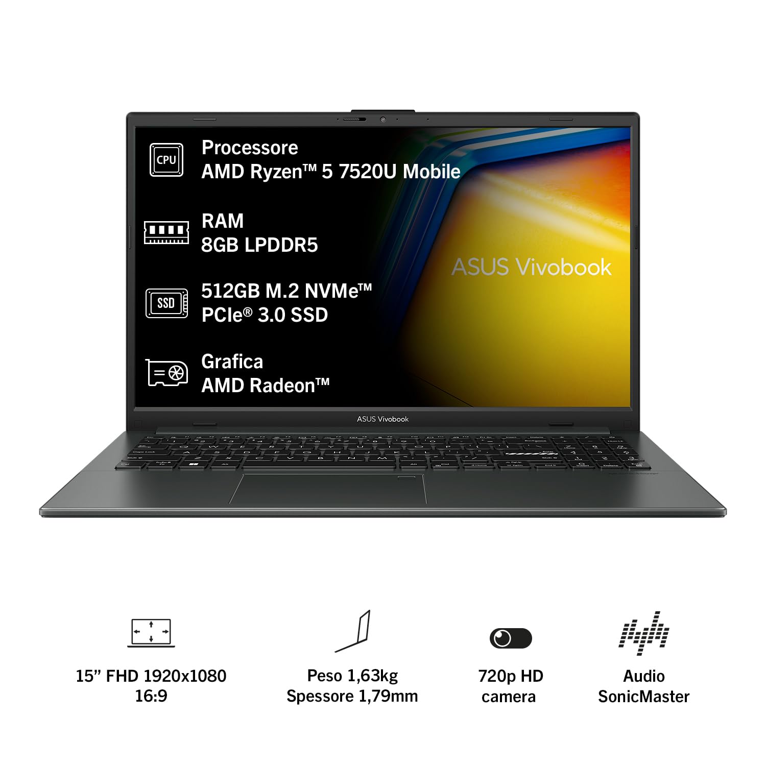 ASUS Vivobook GO E1504FA#B0BS42ZY63, Notebook 15,6" Antiglare, 60Hz, AMD Ryzen™ 5 7520U, RAM 8GB, 512GB SSD PCIE, Windows 11 Home S, Black