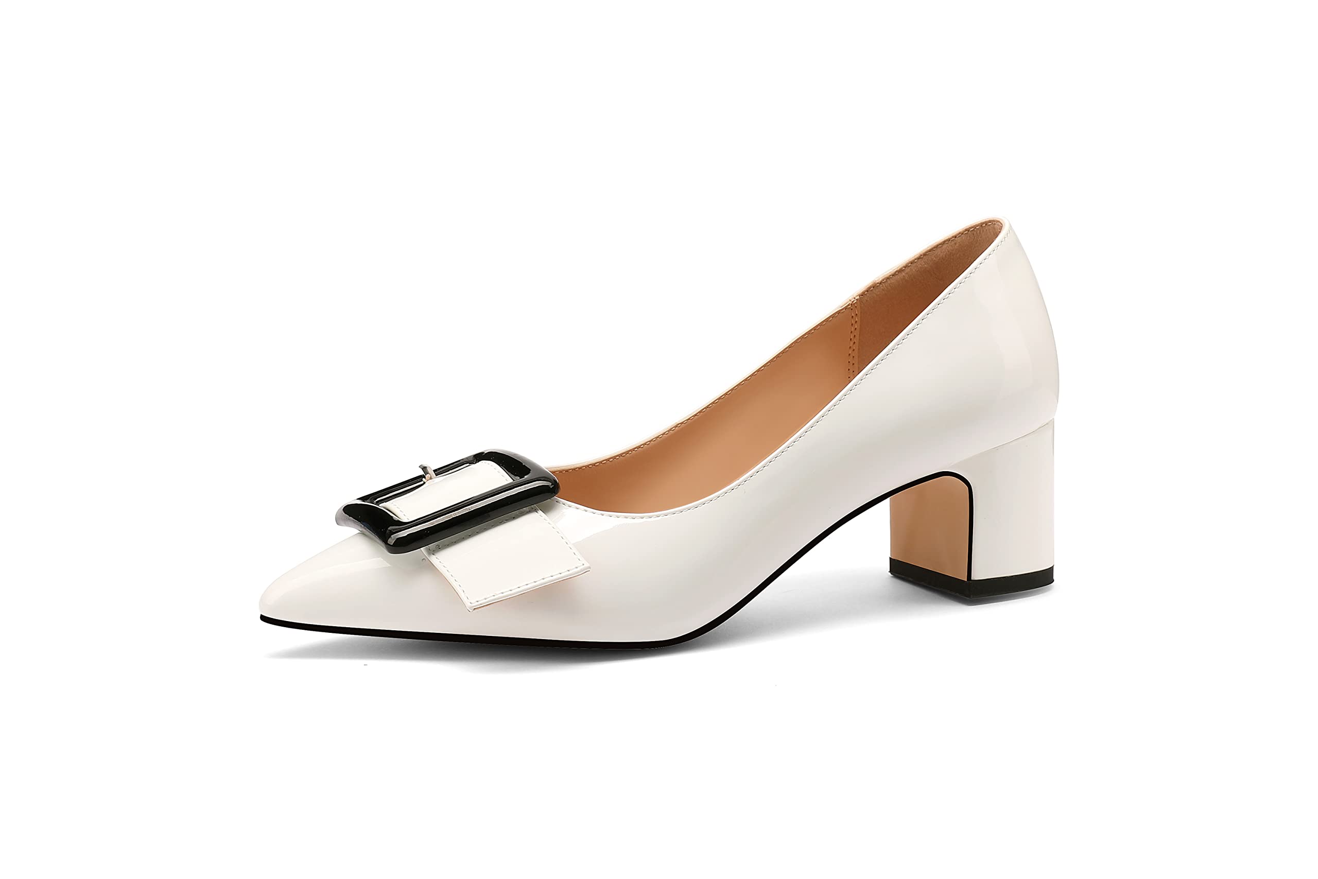 Fericzot Women's Pointed Toe Gold Metal Buckle Patent Slip On Block High Heel Pumps Shoes 2.2 Inch