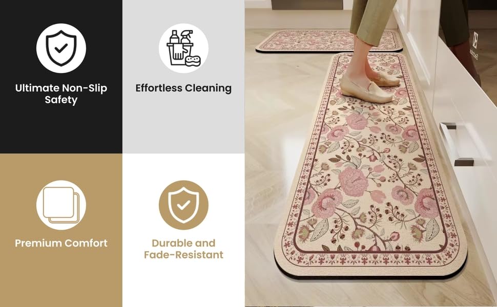 Image of Yagzon Anti-Skid Kitchen Mat for Floor - Waterproof, Oil-Resistant Runner Rug for Kitchen, Floral Design, Easy to Clean Soft Absorbent Rugs for Kitchen, Laundry, and Hallway