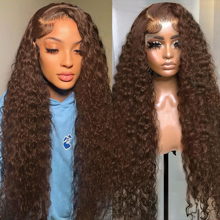 Chocolate Brown Deep Wave Lace Front Wig, 13x6 Human Hair 210 Density