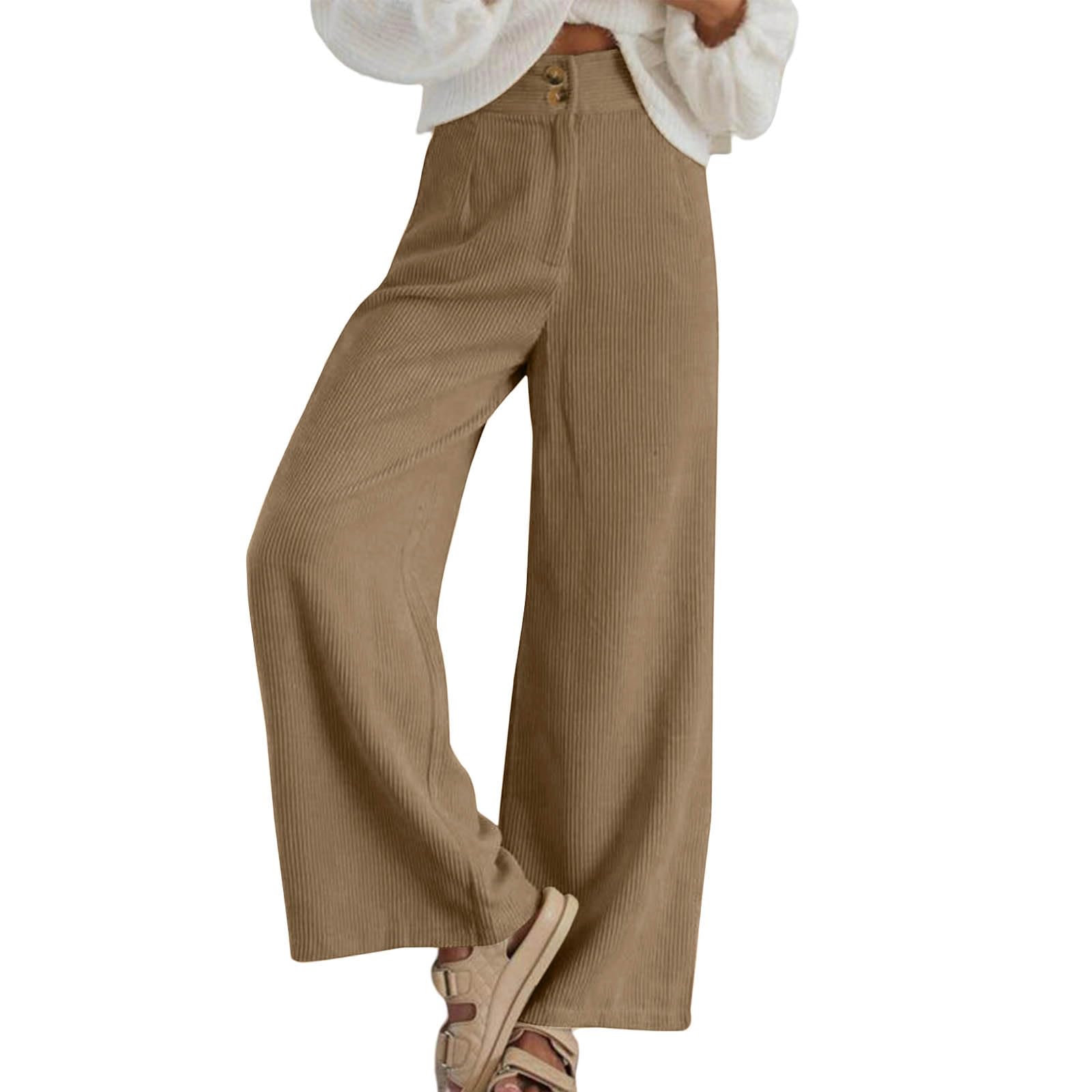 Womens Corduroy Pants Casual High Waisted Double Buttoned Stretchy Loose Fit Trendy Wide Leg Pants with Pockets
