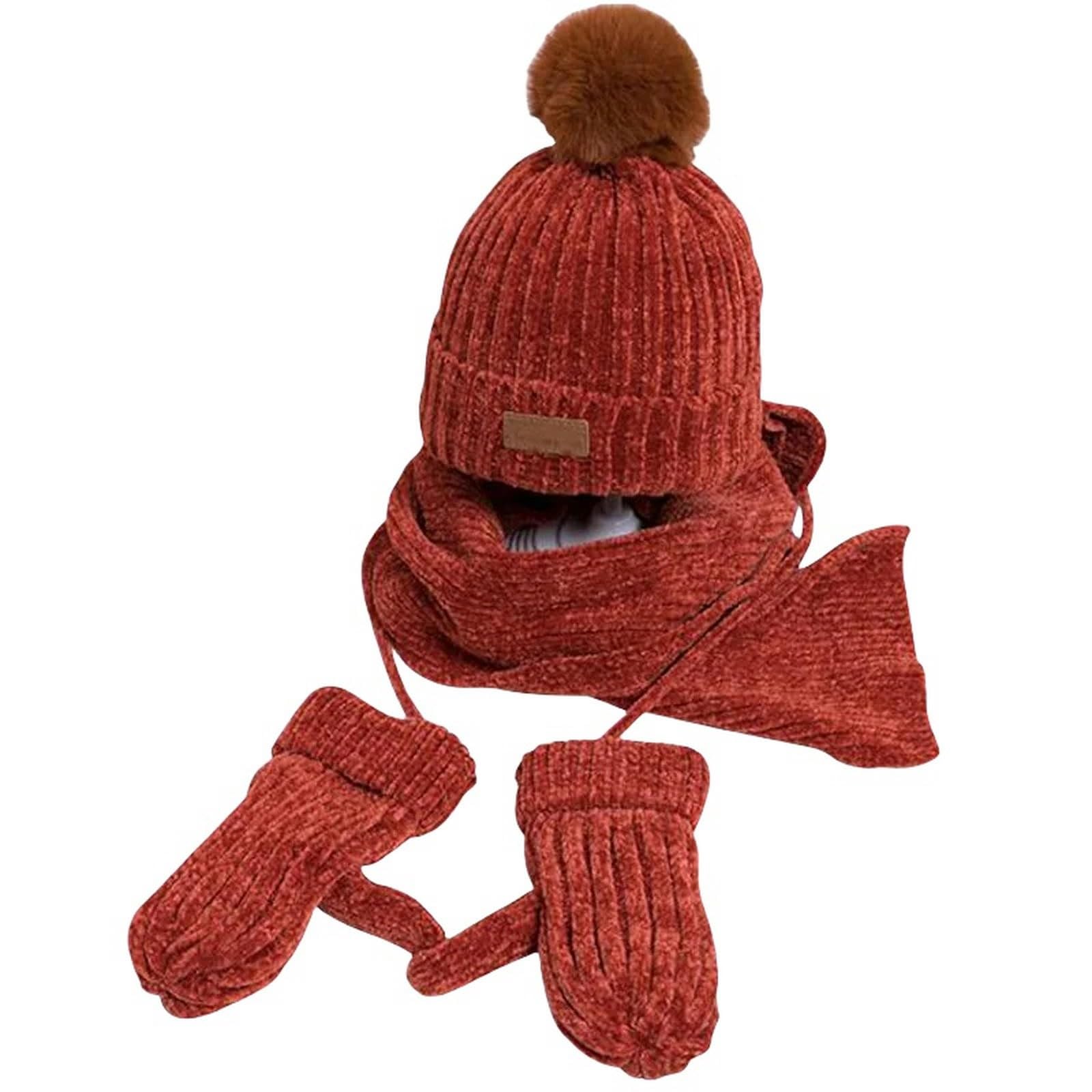 Zonto Wintermütze Schal Handschuh-Sets 3-Teilige Set Von Winter Kinderhutschalhandschuhe Für Kinder Jungen Mädchen Warm Pom Pom Hut Halsschal-Beige-3-36 M Eine Größe