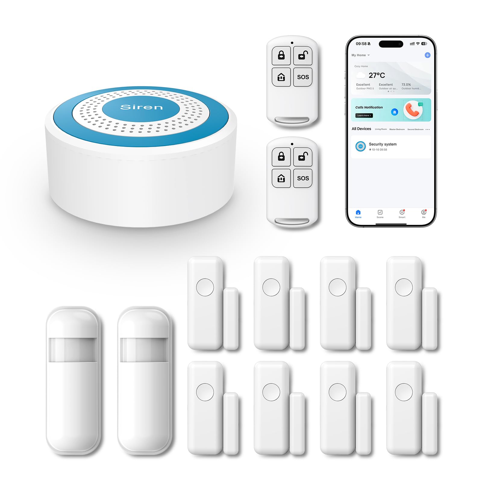 PGST Sistema de Alarma Inalámbrica para Hogar - Kit de Seguridad Inteligente con Alertas Instantáneas en App Tuya,Incluye Sirena,Sensores de Puerta/Movimiento y Mando,Compatible con Alexa (A519W-EU-I)