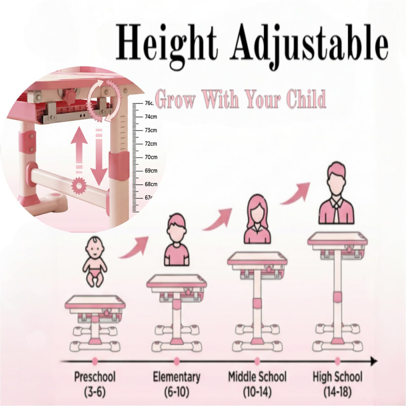 Set Scrivania e Sedia per Bambini, Regolabile per Camera da Letto delle Ragazze, Design Ergonomico, Ampio Piano di Scrittura, Libreria e Cassetto, Bambini da 3 a 18 Anni