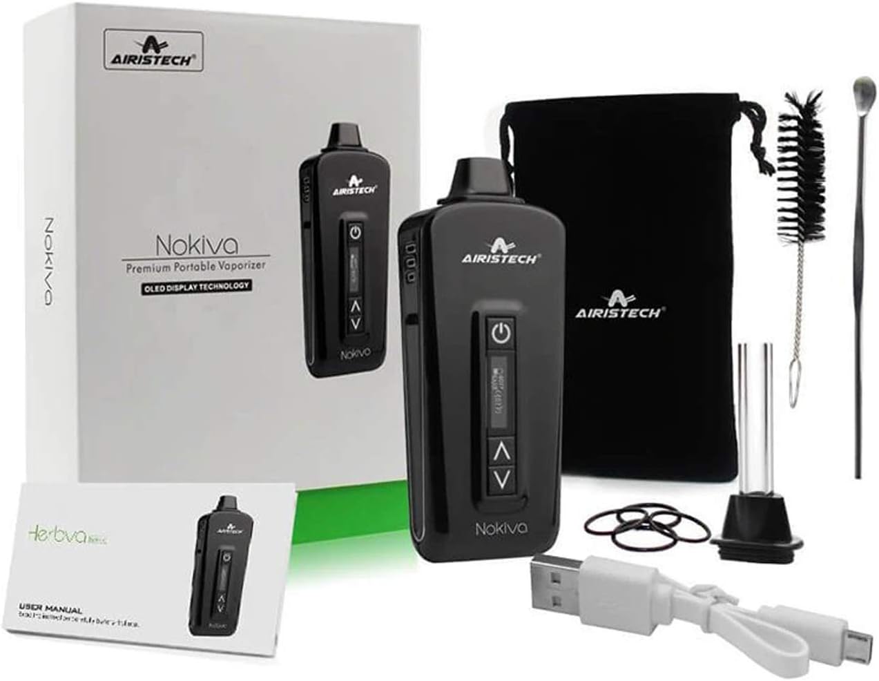 Airistech Herbva Nokiva Ultra Portable Dry Herb Vaporizer, Featuring OLED Screen, 2200mAh Battery, Fully Ceramic Chamber, Includes Small and Larger Glass Mouthpiece (Black)