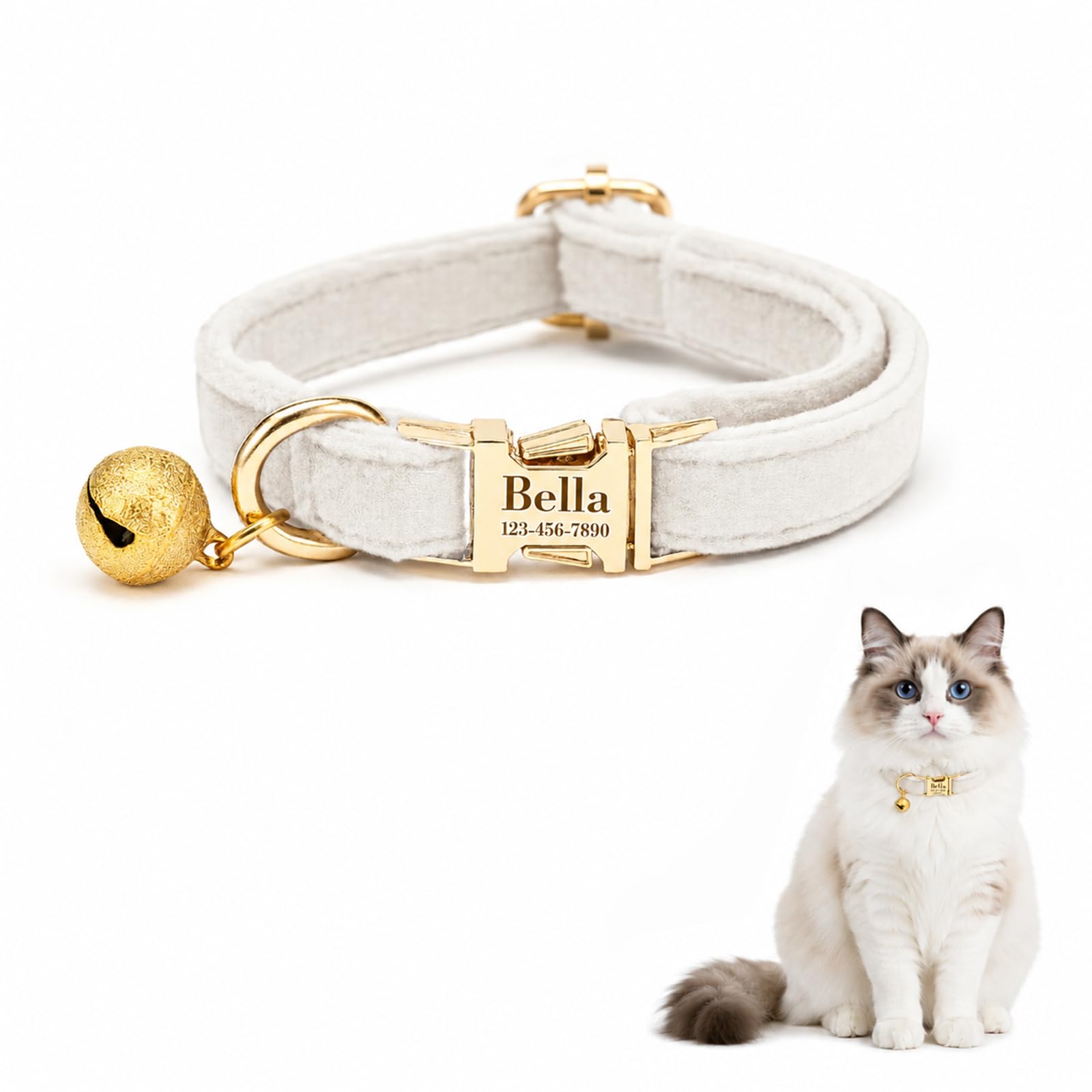 Custom Cat Collar with Bells Personalized Small Cat Collar Engraved Name &amp; Phone Number with Secure Metal Quick-Release Buckle Adjustable (Off-White​)