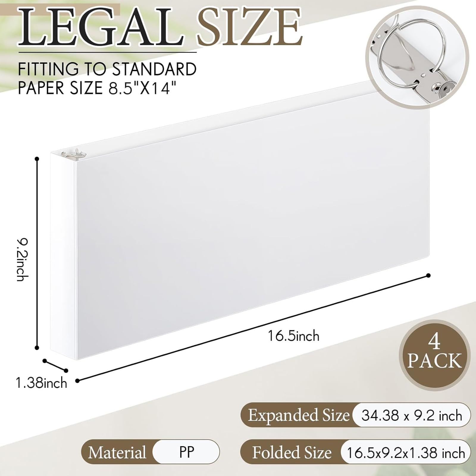 4 raccoglitori ad anelli rotondi a 3 anelli orizzontali da 1,3 cm x 35,6 cm, resistenti, per progetti artistici, ufficio, casa, luoghi di lavoro (bianco)
