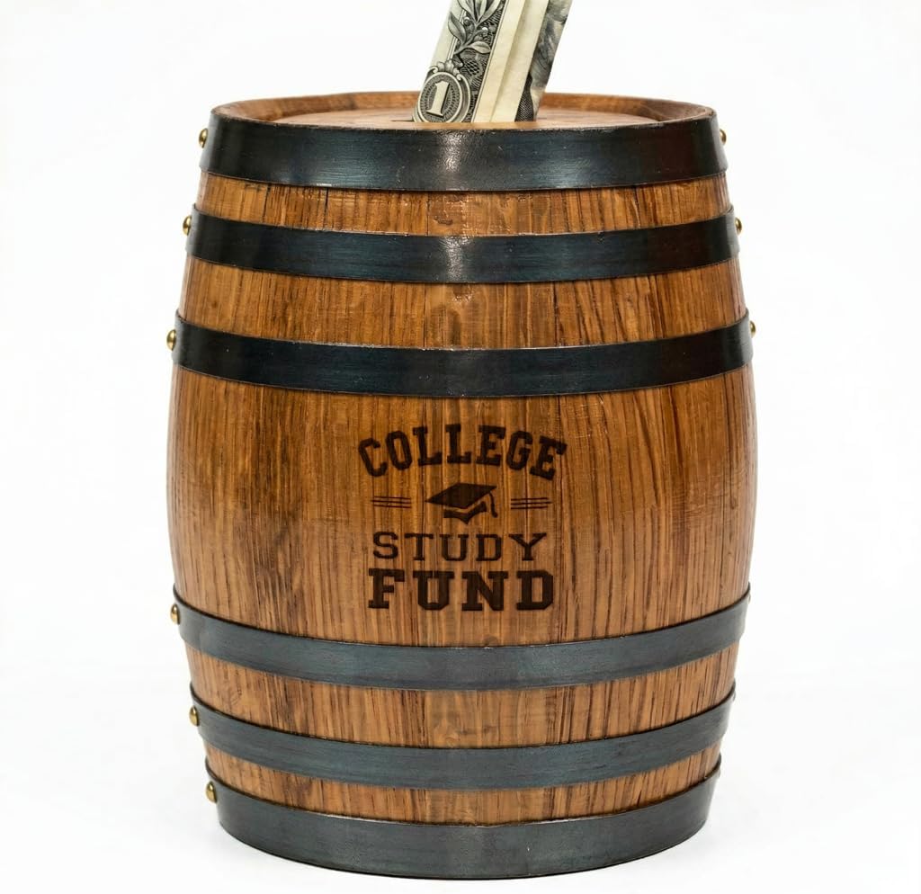 Handmade Wooden Oak Barrel Adult Piggy Bank - Money Saver for Real Cash, Bills & Coins - Large 6.5 x 4.5 x 4.5 inches with 'College Fund' Engraving - Piggy Banks for Adults