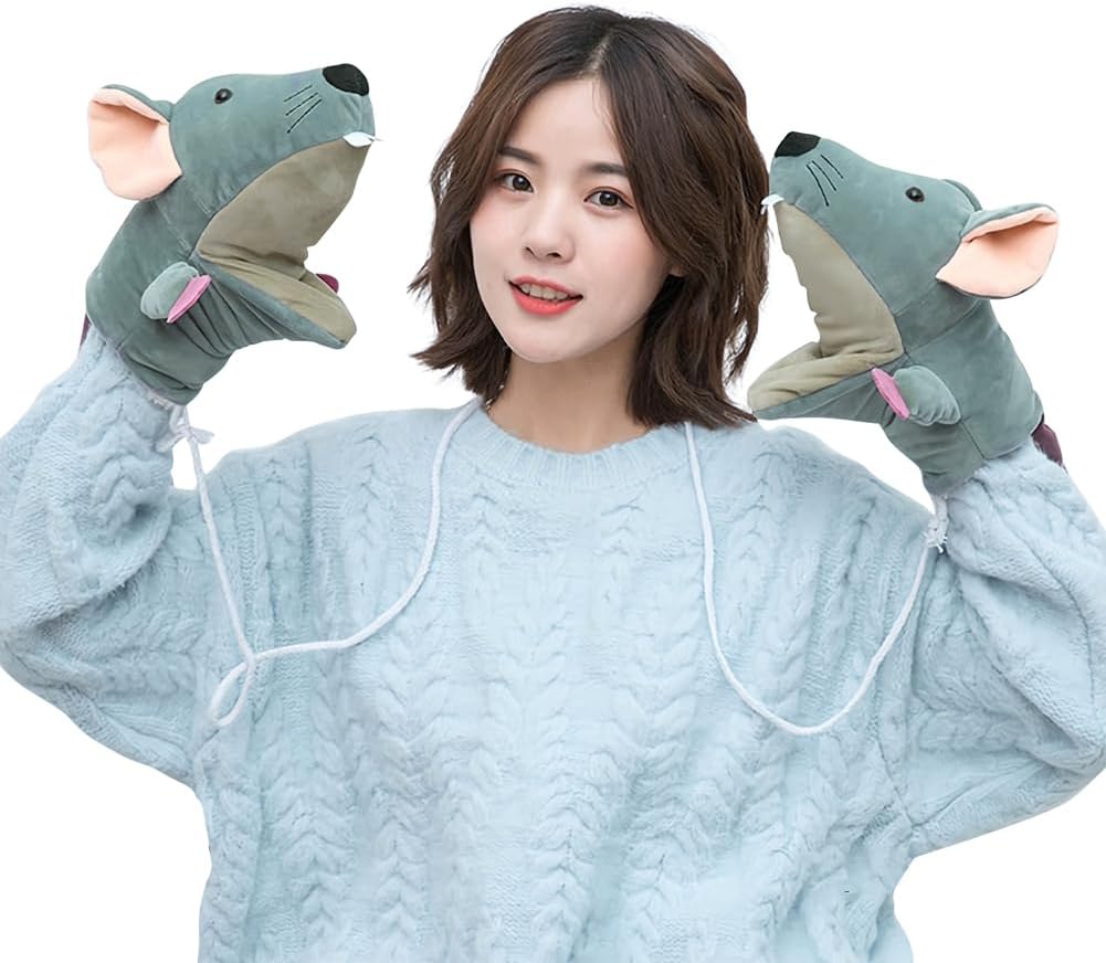Funny Dinosaur Gloves Women Animal Mitten Girl Winter Hand Warmer with String Hamster Mice Costume Xmas Handwear