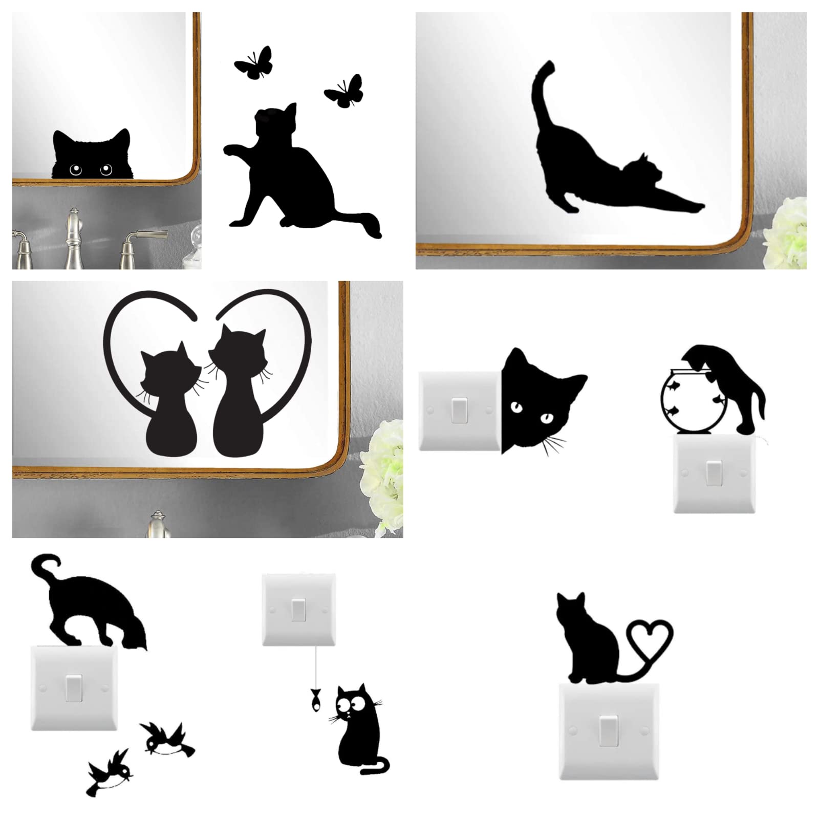 Hatcherabilia Black Pack Of 9 Cat Stickers - Wall Decals - Light Switch Stickers - Bottle Sticker (Black)