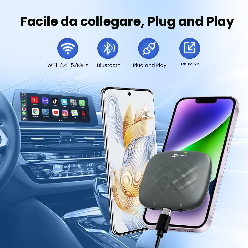 CarlinKit 2026 Wireless CarPlay & Android Auto Android 13.0 AiBox Adattatore, per auto con CarPlay cablato, sistema integrato 4+64GB con GPS, processore octa-core