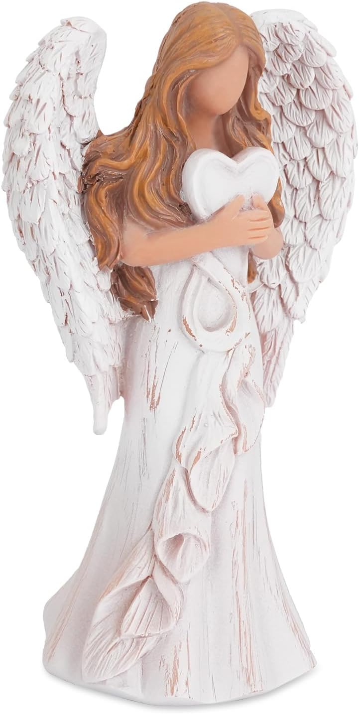Resin Angel Figurines Holding Heart, Praying Guardian Angel Statue for Home Decor Hand-Painted Memorial Gifts Thanksgiving Christmas (Wood Grain)