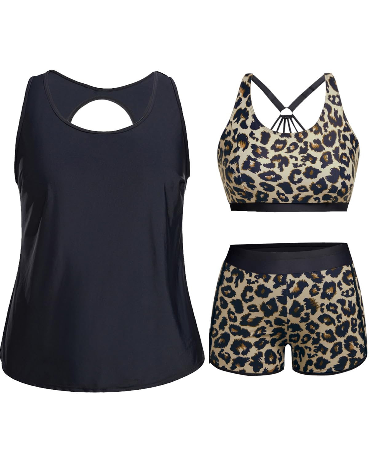 Holipick Women Plus Size 3 Piece Tankini Swimsuits Athletic Bathing Suits with Boy Shorts Tank Top with Sports Bra