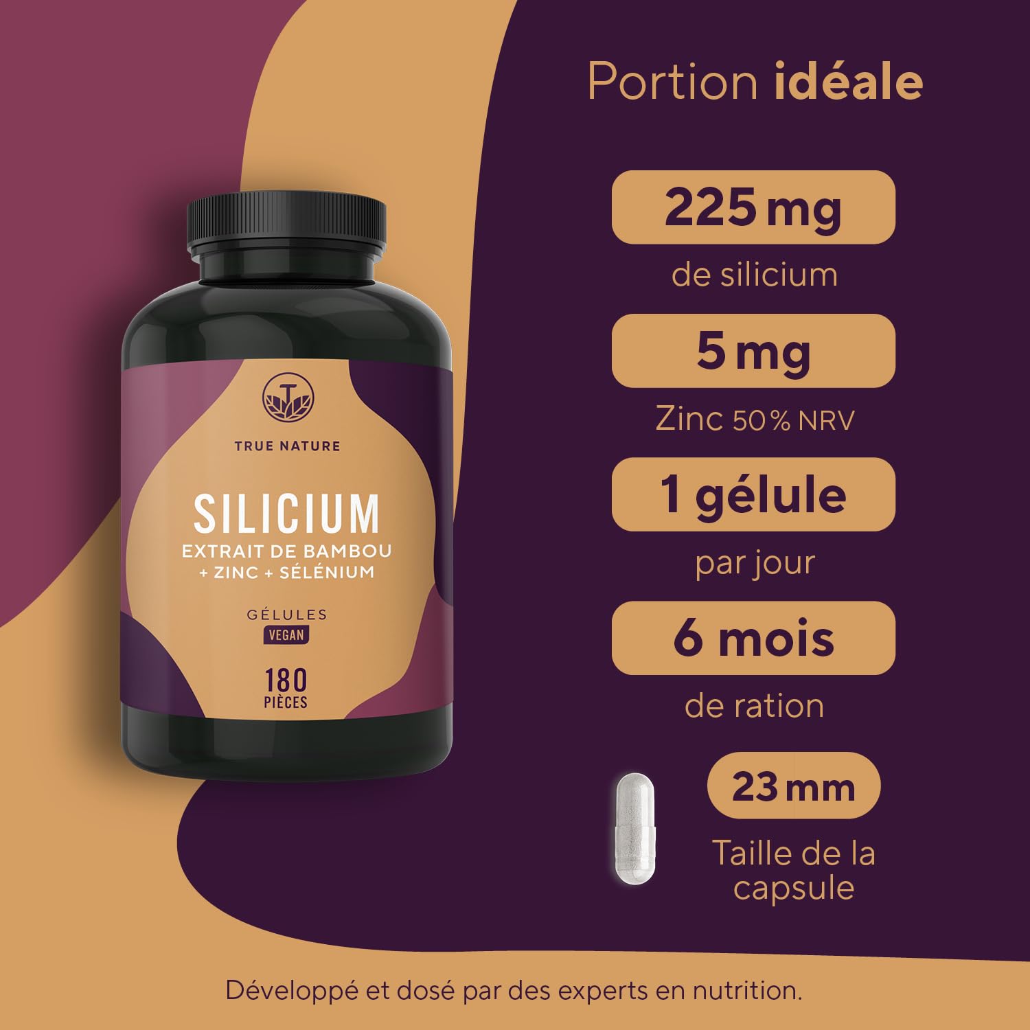 Gélules de Silicium - 180 Gélules pour 6 Mois - Hautement Dosées - Avec Zinc & Sélénium - Silicium Organique Hautement Dosé à partir d’Extrait de Bambou Indien - 643 mg - Végan - TRUE NATURE