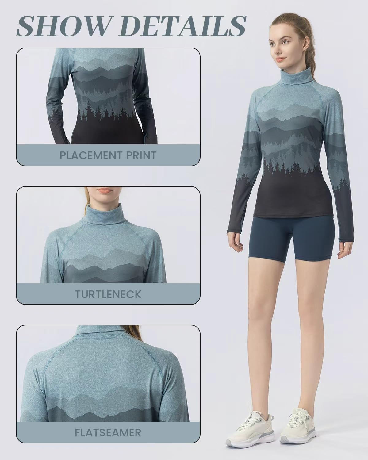 Women's Slim Fit Turtleneck Performance Base Layer - Mountain & Forest Print, Moisture-Wicking Long Sleeve Top - Image 2