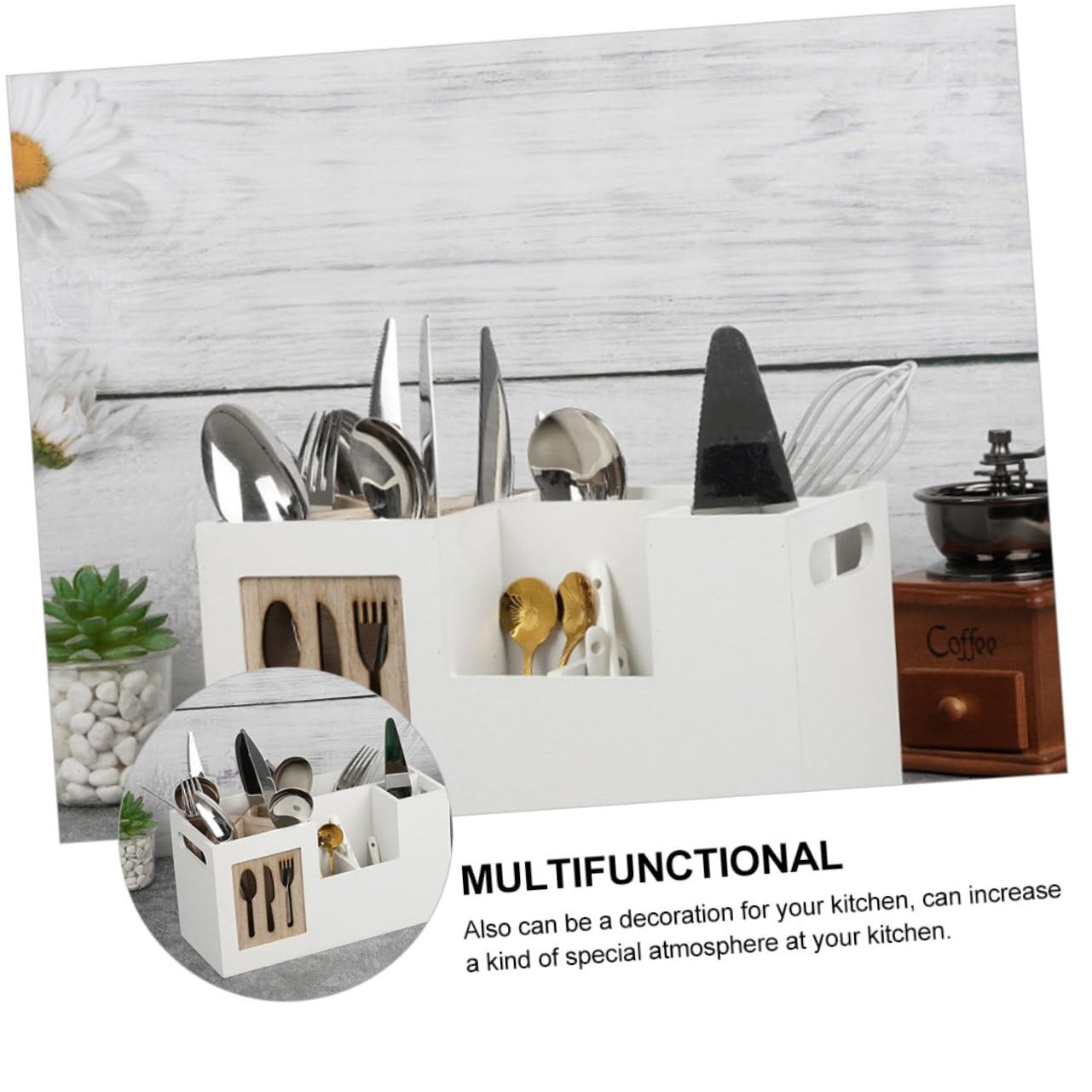 Healifty Porta Utensilios y Organizador De Cubiertos De Madera 28x12x15 Cm, Sin Tapa, Estante Múltiples Compartimentos Para Cocina y Hogar, Diseño Compacto Para Uso Diario