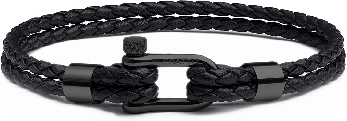 Elegatto Helix Premium Vintage Leather Bracelet for Men | Double Black Leather Strands with Sterling Silver Polished Mini Shackle Closure | Mens Designer Jewelry