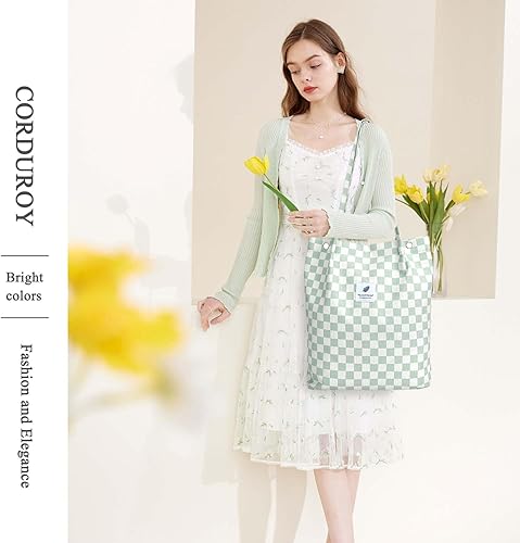 Vista 306 de Tote - Bolsa de hombro reutilizable de pana de gran capacidad con bolsillos interiores para mujeres y niñas Rayas