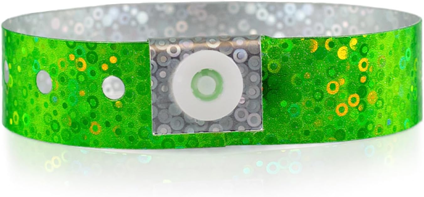 100 WristCo Green Holographic Plastic Wristbands for Events – Extended Wear, Glowing Color Prevents Reuse – Premium-Grade Bracelets for Hospital & Medical ID, Party & VIP Identification