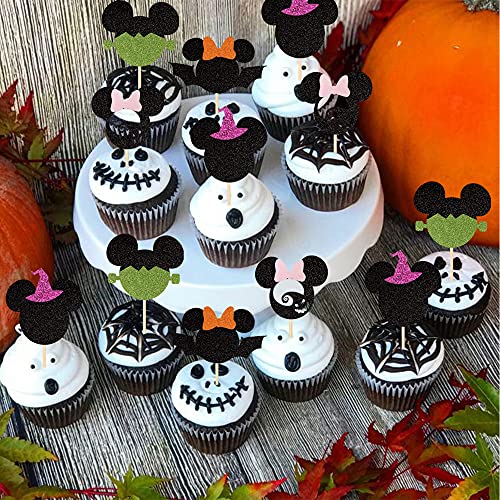 24 Pcs Gliter Mouse Inspired Halloween Cupcake Toppers Witch Hat Ghost Bat Cupcake Picks Happy Halloween Mini Theme Baby Shower Birthday Party Cake Decorations Supplies #TOP4