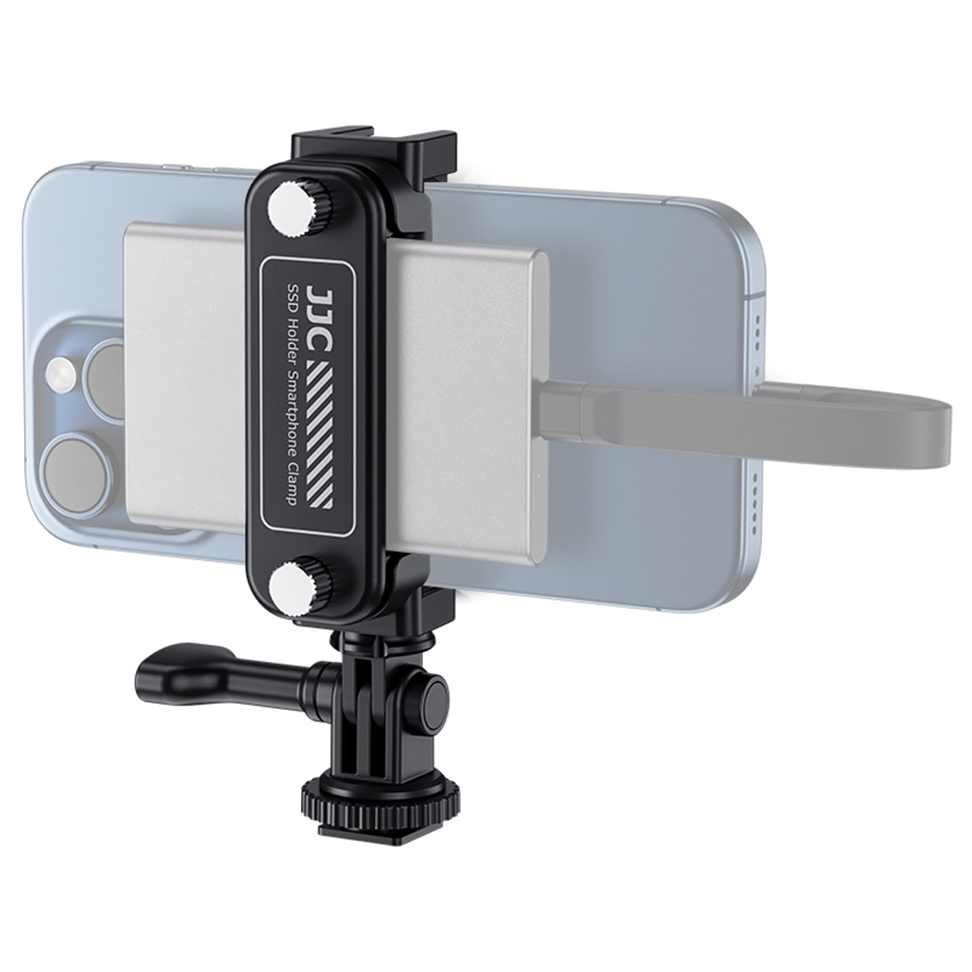 JJC Przenośny uchwyt SSD do smartfona iPhone 16 15 Pro i Pro Max Galaxy PIXEL MATE 55-90 mm szerokości, kompatybilny z Samsung T5, T7, T7 Shield SSD, San Disk E30, Extreme Pro/V2 SSD