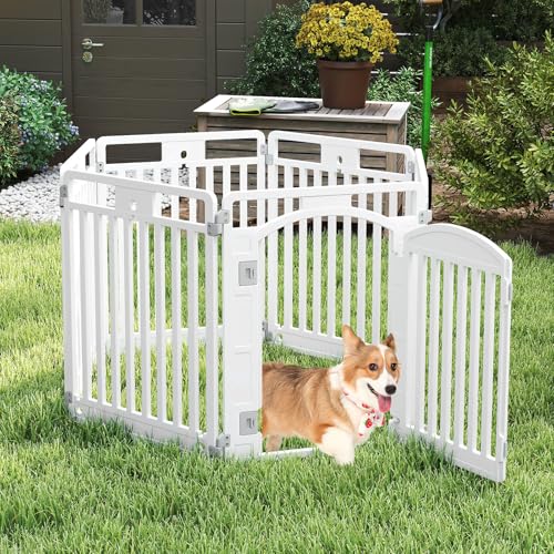 COSTWAY Welpenauslauf faltbar, Welpenlaufstall mit 6 Paneelen, abschließbarer Tür & Bodennägeln, 80 cm hoch, Hundelaufstall Outdoor Indoor, Laufstall Hund, Hundeauslauf aus Kunststoff, Weiß
