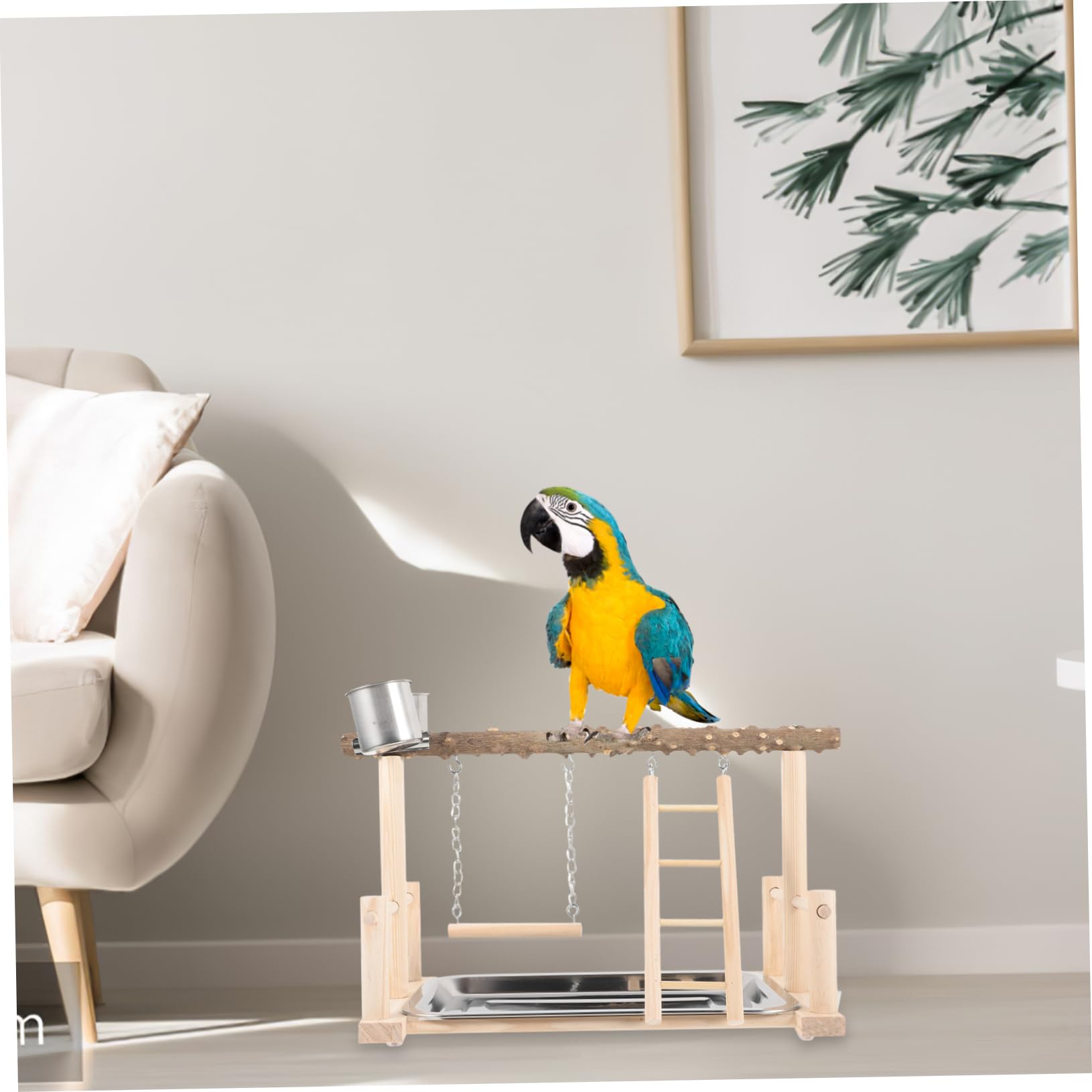 Happyyami 1set Posatoi Legno Per Pappagalli Piattaforma Interattiva Con Mangiatoia e Scala Accessori Per Uccelli Legno Naturale Spazio Per Giocare e Nutrire