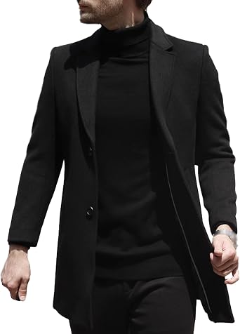 SOMTHRON Mens Winter Pea Coat Slim Fit Notched Lapel Single Breasted Mid Long Trench Coat Jacket Overcoat