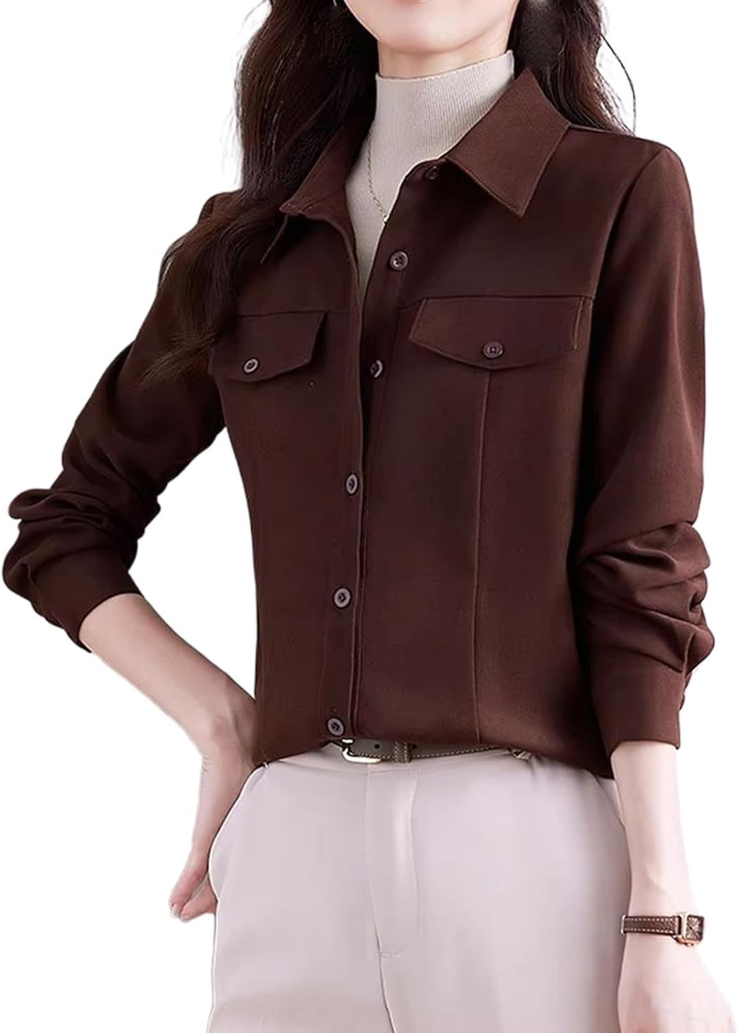 Women's Autumn Winter Long Sleeve Thick Shirt Vintage Office Lady Pocket Blouse Casual Button Up Outwear Top