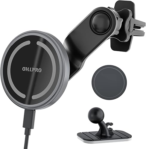 Cargador magnético inalámbrico para automóvil compatible con MagSafe para montaje de automóvil tablero de control seguro y abrazadera de ventilación