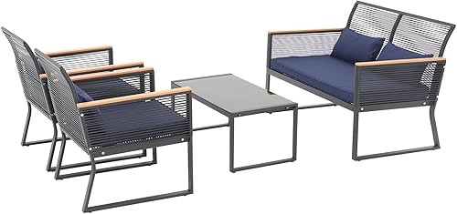 Miniatura 2 de Patiorama Juego de muebles de patio de 4 piezas, juego de mimbre para exteriores, juego de conversación de ratán de polietileno negro para todo tipo