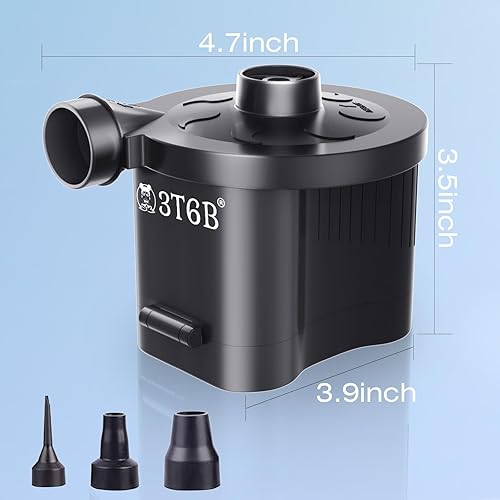 Miniatura 2 de 3T6B Bomba de aire eléctrica para inflables, bomba de aire inalámbrica alimentada por batería para colchón con 3 boquillas, inflador/deflador de