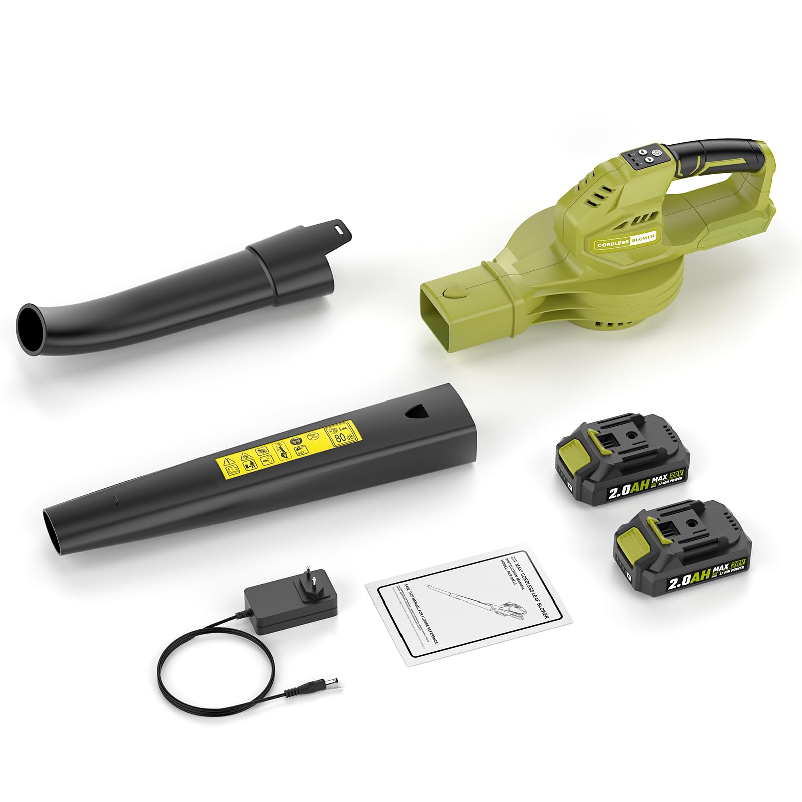 Souffleur de Feuilles，Souffleur de Feuilles sans Fil avec Batterie 2×2,0 Ah et Chargeur，3 Vitesse Max 360m³/h，Portable 1,4kg，pour Cour, Pelouse, Jardin