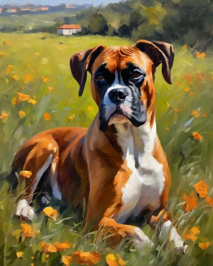 ZMHZMY New Paint by Numbers for Adults Boxer Dog on Flower Meadow DIY Digital Painting by Numbers Kits On Canvas- Wall Art Artwork Landscape 40x50cm Without Frame