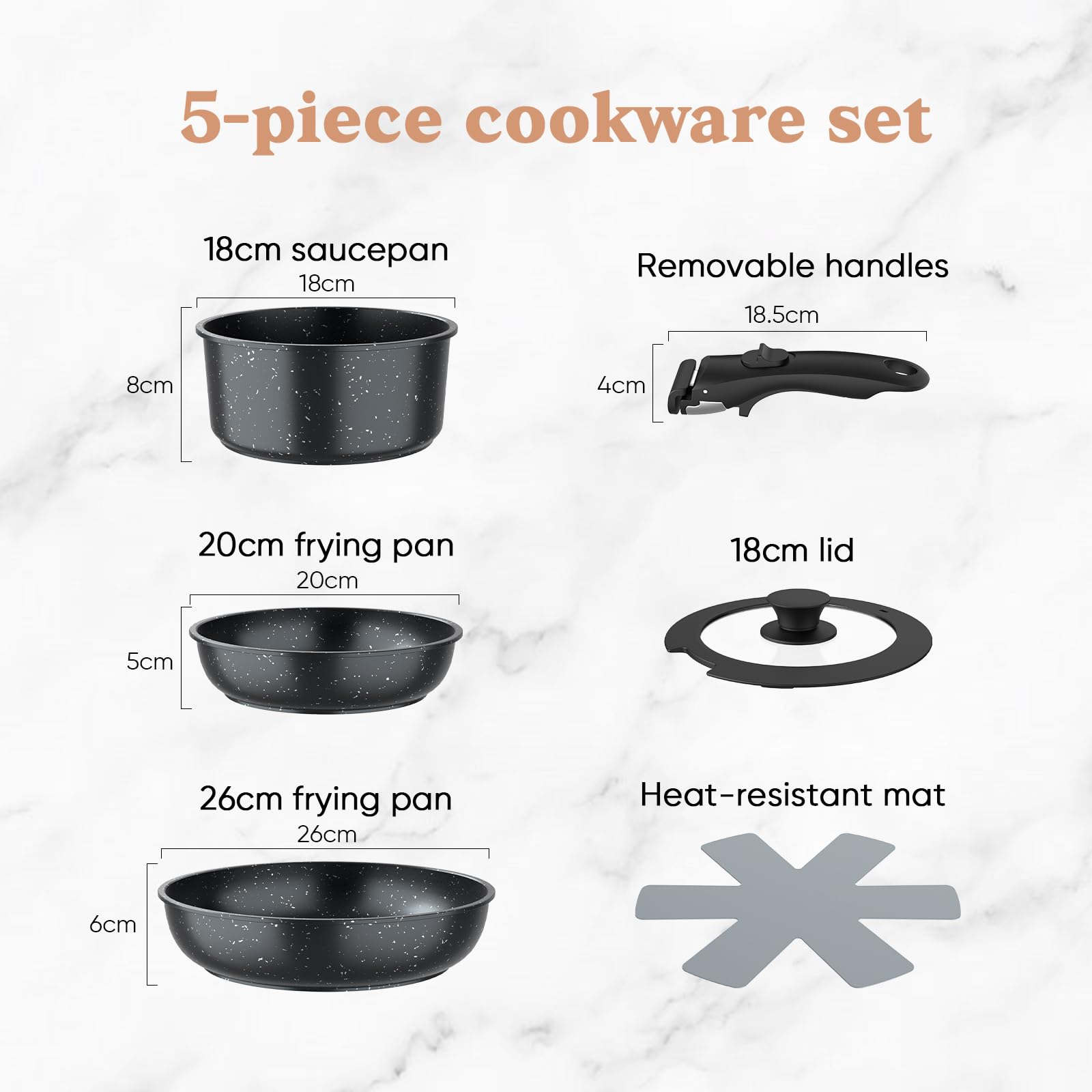 5-Teilig Topfset mit abnehmbarem Griff, Antihaft Kochgeschirr Set, Pfannen und Töpfe Set stapelbar, induktionsgeeignet für alle Herdarten geeignet, Camping Topfset für Haushalt und Outdoor