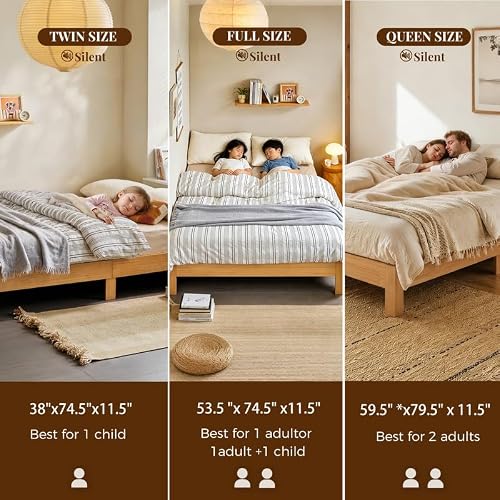 Queen Bed Frame, 11.5 Inch Solid Wood Platform Bed, Natural Pine