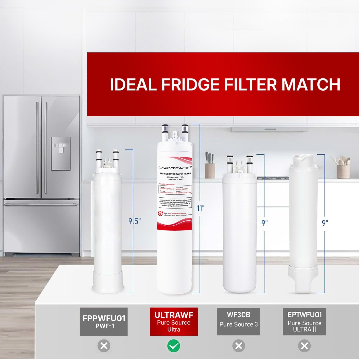 Filter Replacement Water, Compatible with Frigidaire ULTRAWF, Pure Source Ultra, Kenmore 9999, 469999, 46-9999, A0094E28261, Height 11 inches (2-Pack)