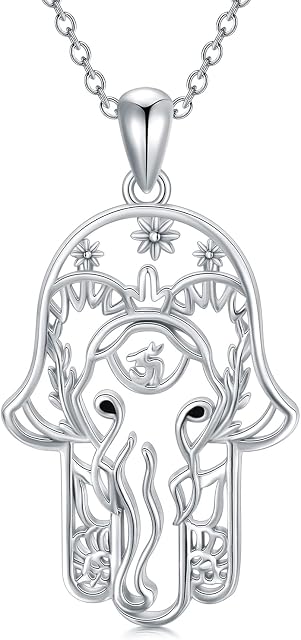 Hamsa Hand Elephant Jewellery Set 925 Sterling Silver Hand of Fatima Pendant Necklace and Earrings Gifts for Women Girls