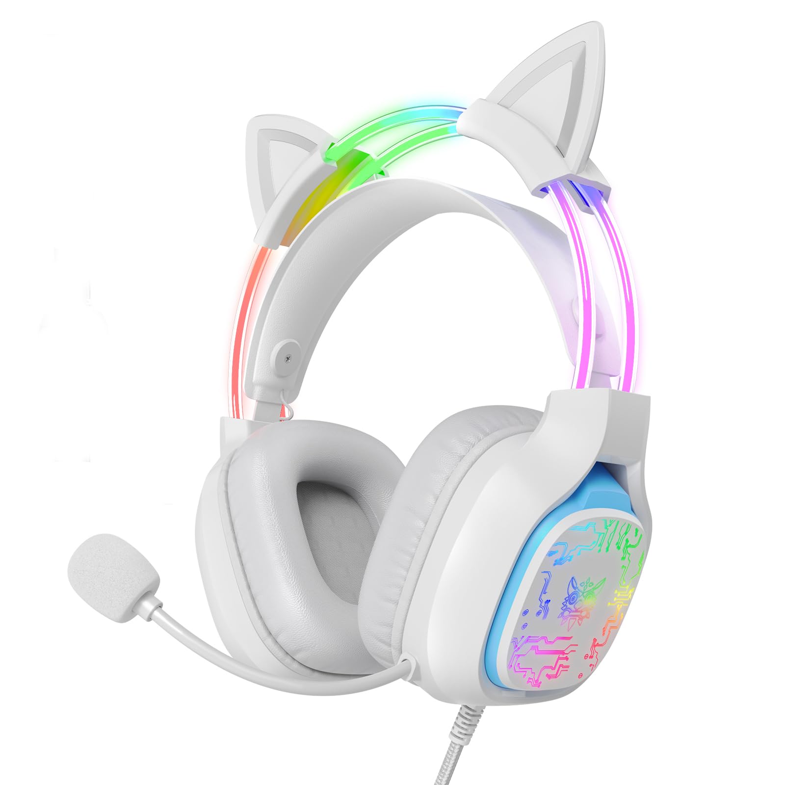 ONITOON Gaming Headset with Microphone, RGB Lights, Detachable Cat Ear, Lightweight Over-Ear Headphones with Adjustable Headband for PC, PS4, PS5, Mac, Switch, Surround Sound, in-Line Control, White - 2