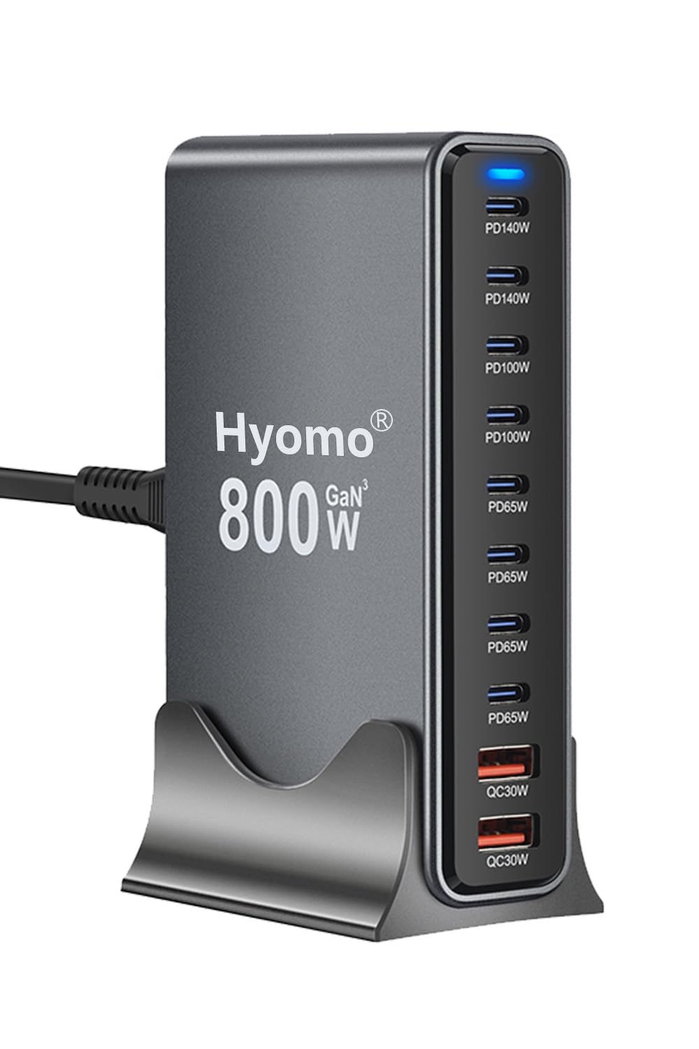 800W 充電器 【 GaNFastⅢ 10ポート 2*単口140W 1.5m電源ケーブル 】【PSE技術基準適合】 PD3.0 10ポート 2*140W常時対応 8USB-C&2USB-A 縦式省スペース ダブル GaNFastⅢ(窒化ガリウム) 複数ノートPCに急速充電対応 MacBook Pro PD対応 iPad/iPhone/Android/その他