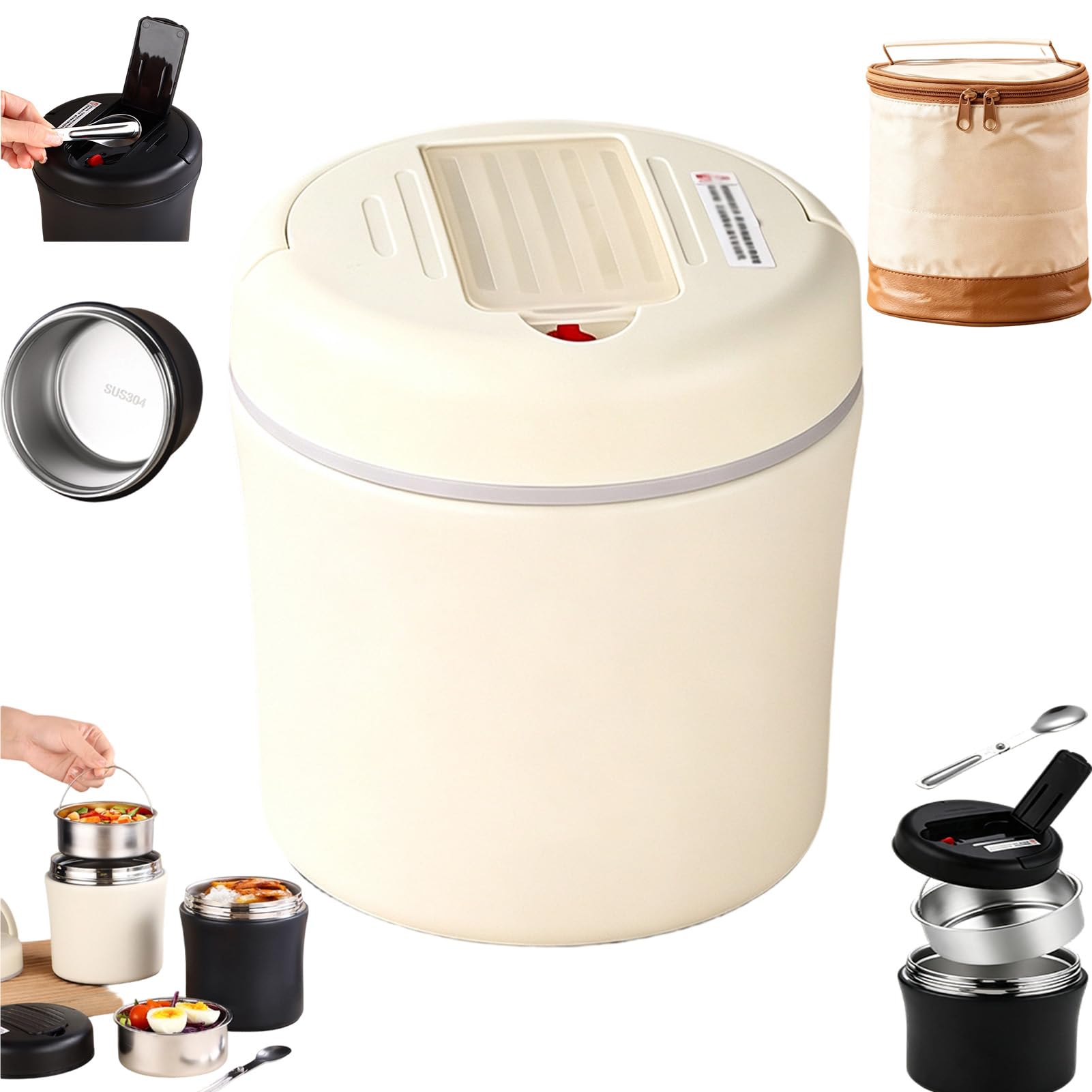 Vakuumisolierter Speisebehälter mit Klapplöffel，Weiß+Tasche：1.5L | 1,2/1,5-Liter-Thermoskanne, Lunchbox mit breiter Öffnung, auslaufsicheres Design für Büro, Camping und tägliche Mahlzeiten