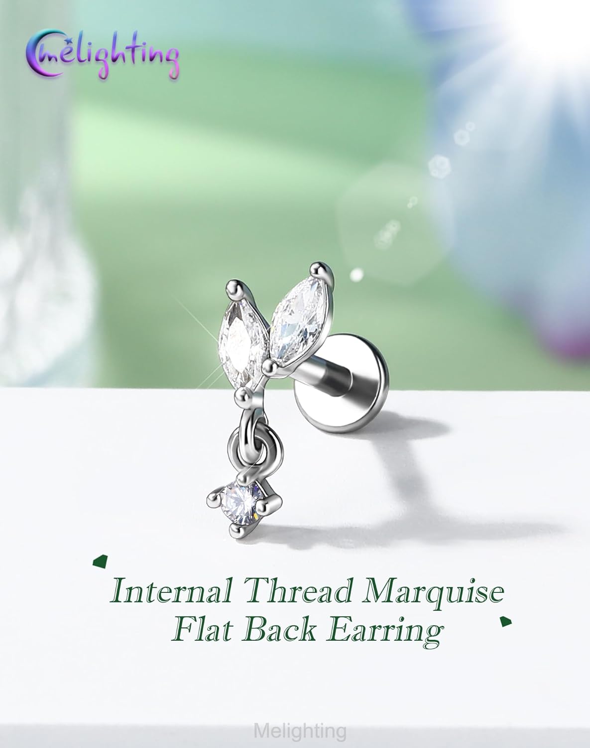 Melighting 16G Vine Tragus Piercing Jewelry, Internally Threaded Dangle Helix Stud, Stainless Steel 316L Cartilage Earring Clear Marquise CZ, 6 mm Silver Lobe Labret Flat Back Ring For Women - Image 5